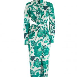 Etro White Midi Shirt Dress With Draping And Double Green Tree Of Life Print