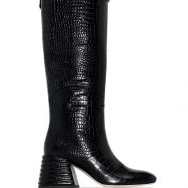 Fendi logo-plaque crocodile-embossed knee-high boots - Black