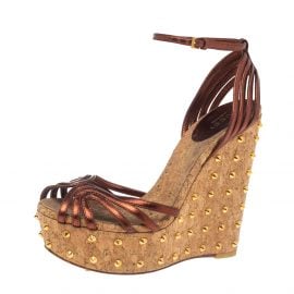 Gucci Copper Leather Studded Cork Wedge Sandals Size 36.5