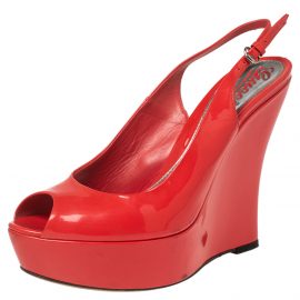 Gucci Coral Red Patent Leather Peep-Toe Slingback Wedge Sandals Size 37.5