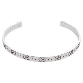 Gucci GG Motif 18K White Gold Narrow Open Cuff Bracelet