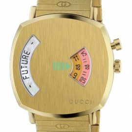 Gucci Grip Watch with a Yellow gold PVD case, 2 windows indicating hour, minute & roulette (chance-future-tenebrae-amour) and a yellow gold PVD bracelet with GG engraved YA157416