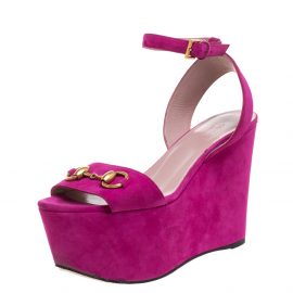 Gucci Pink Suede Horsebit Platform Ankle Strap Wedge Sandals Size 36.5