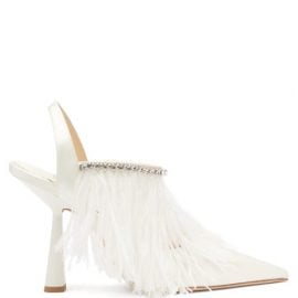 Jimmy Choo - Ambre 100 Feather-trimmed Satin Slingback Pumps - Womens - White