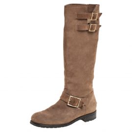 Jimmy Choo Brown Suede Biker Buckle Detail Mid Calf Boots Size 39.5