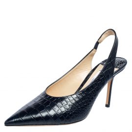Jimmy Choo Navy Blue Croc Embossed Leather Ivy Slingback Pumps Size 37.5