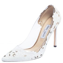 Jimmy Choo White Lace Fabric And PVC Romy 100 Pointed Toe Pumps Size 40