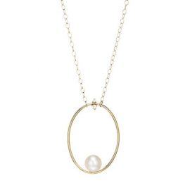 Large 14K Yellow Gold, Floating 10MM Freshwater Pearl & Diamond Oval Pendant Necklace