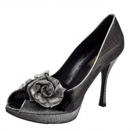 Louis Vuitton Ombre Black/Silver Shimmery Lurex Fabric Floral Embellished Peep Toe Pumps Size 37.5