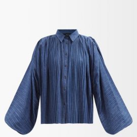 Made In Tomboy - Claire Balloon-sleeve Pleated Denim Shirt - Womens - Dark Blue
