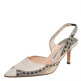 Manolo Blahnik Beige Fabric And Snake Leather Slingback Pumps Size 38