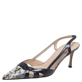 Manolo Blahnik Dark Grey, Beige Patent Leather And Python Embossed Leather Pointed Toe Slingback Sandals Size 40