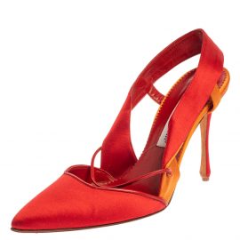 Manolo Blahnik Red/Orange Satin Pointed Toe Slingback Sandals Size 40.5