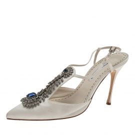Manolo Blahnik White Satin Crystal Embellished Slingback Sandals Size 40