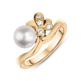 Mikimoto 18ct Rose Gold Diamond 7mm White Akoya Pearl Ring D