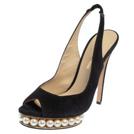 Nicholas Kirkwood Black Suede Pearl Embellished Platform Slingback Sandals Size 38