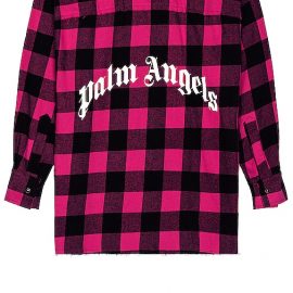 Palm Angels Curved Logo Flannel Overshirt in Pink. Size 46, 52.
