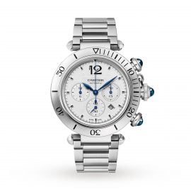 Pasha de Cartier 41 mm, chronograph, automatic movement, steel, interchangeable metal and leather straps