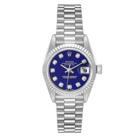 Rolex Blue Diamonds 18K White Gold President Datejust 69179 Women's Wristwatch 26 MM