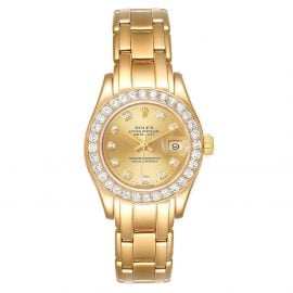 Rolex Champagne Diamonds 18K Yellow Gold Pearlmaster 69298 Women's Wristwatch 29 MM