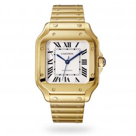 Santos De Cartier Watch Medium Model, Automatic Movement, Yellow Gold, Interchangeable Metal And Leather Bracelets