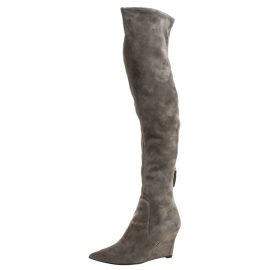 Sergio Rossi Grey Suede Over The Knee Wedge Boots Size 37.5