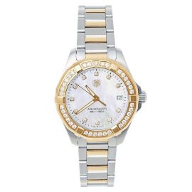 Tag Heuer MOP 18K Yellow Gold & Stainless Steel Diamonds Aquaracer WAY1353.BD0917 Women's Wristwatch 32 mm, White