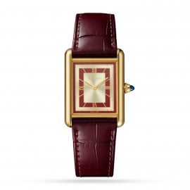 Tank Louis Cartier watch, Large model, hand-wound mechanical movement, 18K yellow gold, leather