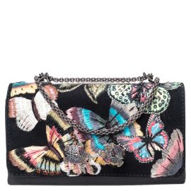 Valentino Black Embroidered Suede and Leather Camu Butterfly Shoulder Bag