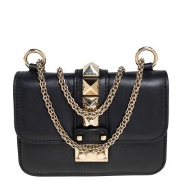 Valentino Black Leather Mini Rockstud Glam Lock Shoulder Bag