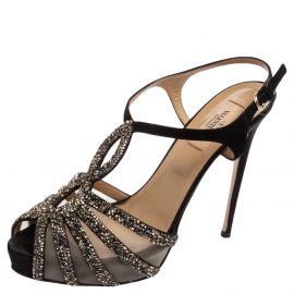 Valentino Black Suede And Net Embellished Slingback Sandals Size 39.5