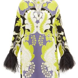 Valentino - Feather-trimmed Arazzo-print Silk-cady Mini Dress - Womens - Green Print