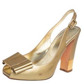 Valentino Gold Patent Leather Bow Slingback Peep Toe Sandals Size 38.5