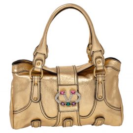 Valentino Metallic Gold Leather Crystal Embellished Catch Shoulder Bag
