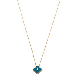 Van Cleef & Arpels Vintage Alhambra Blue Inlay Diamond 18K Yellow Gold Pendant Necklace