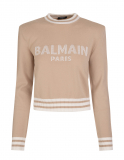 Balmain Woman Short Sand Sweater In Wool Blend With White Logo